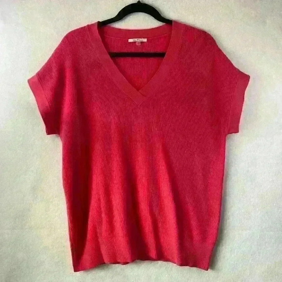 Vila Milanis Women's Hot Pink Short Sleeved V Neck Pullover Sweater Size Large - Picture 2 of 9